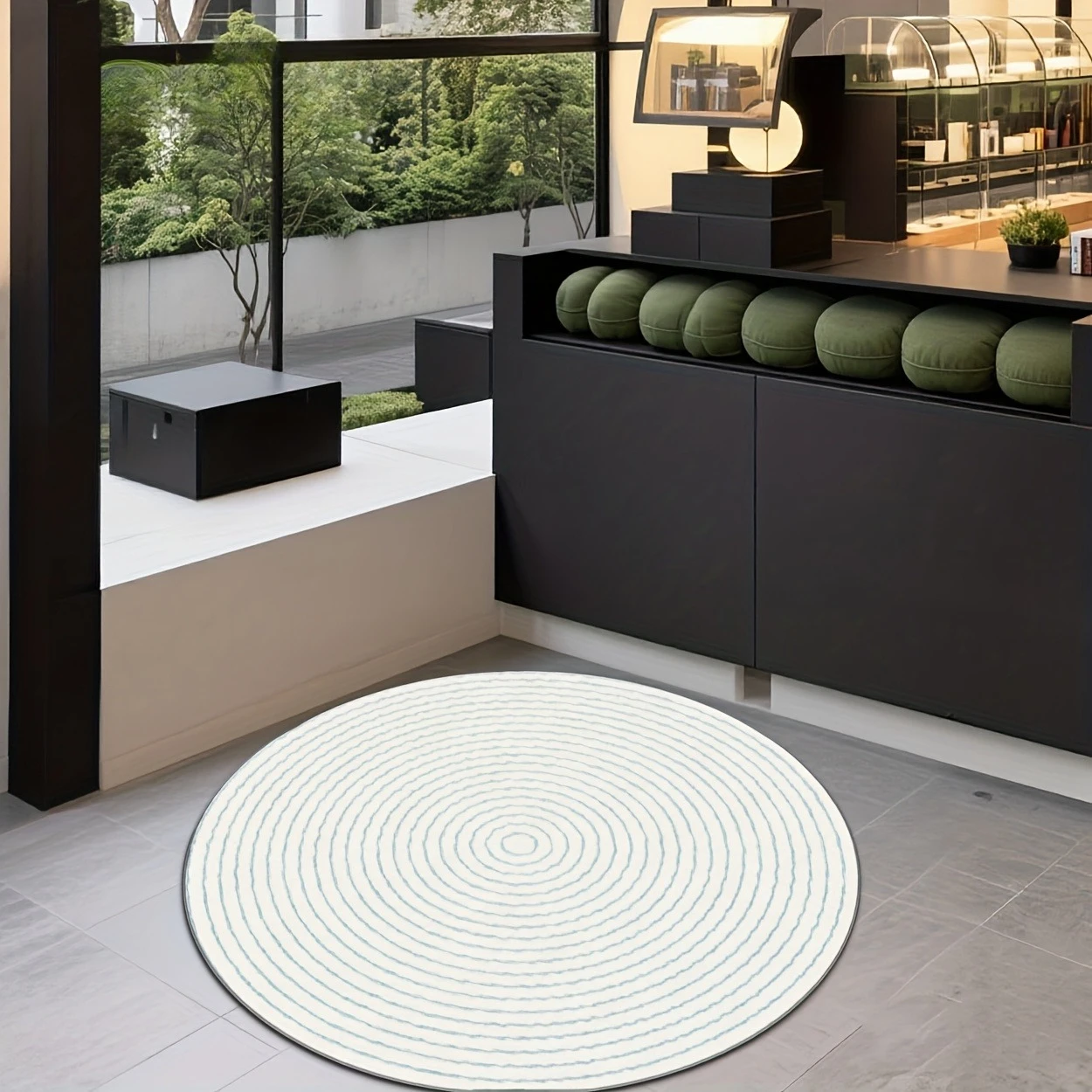 Minimalist Light Blue Concentric Circle Round Rug  White Base Circular Mat Non Slip Floor Carpet Home Coffee Shop Decor