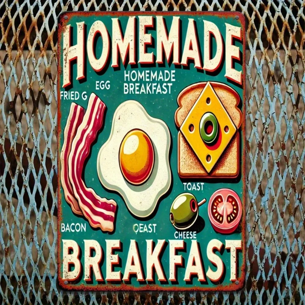 2D Flat Family Breakfast Themed Tin Sign: 2D Printed Decor for Kitchen, Diner & Restaurant