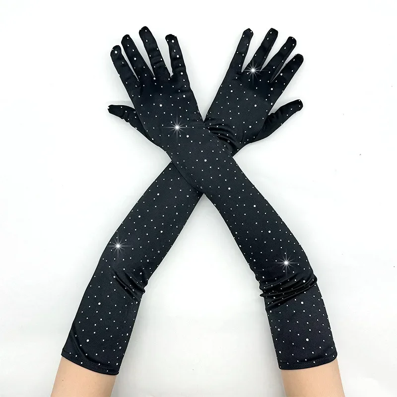 Retro Color Satin Long Diamond-Encrusted Gloves for Women, Fashionable Long Bride Wedding Split-Finger Gloves C0102