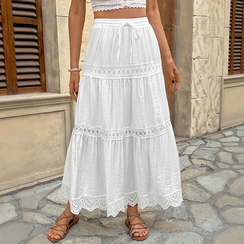 Summer White Lace Patchwork Skirt Casual Beach Vacation A-Line Long Skirt Half-length Casual Style  Linen Blend