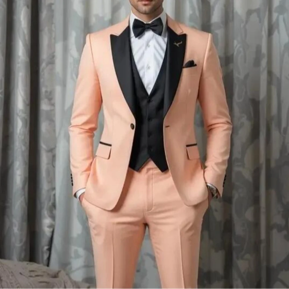 

New Black And Light Orang Formal Business Men Suit Groom Groomsman Wedding Party Prom Male Tuxedos 3 Piece Set Blazer Vest Pants