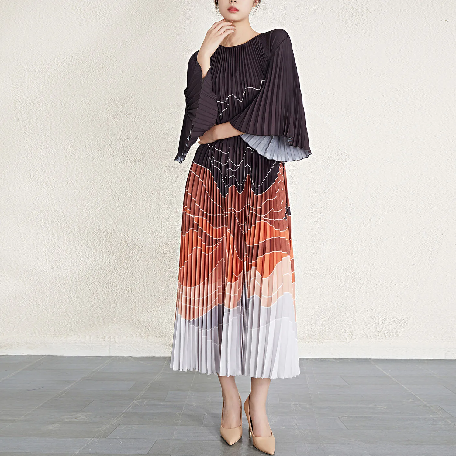

Casual Loose Waist Long Skirt Women's Dr Accordion Pleat Print Long Sve Casual Wear Polyester Fabric round Neline