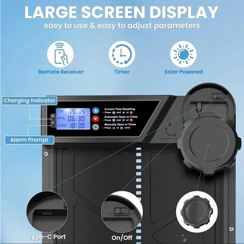 Automatic chicken coop door, anti pinch protection, large LCD display screen, timer and light sensor mode, solar powered automat