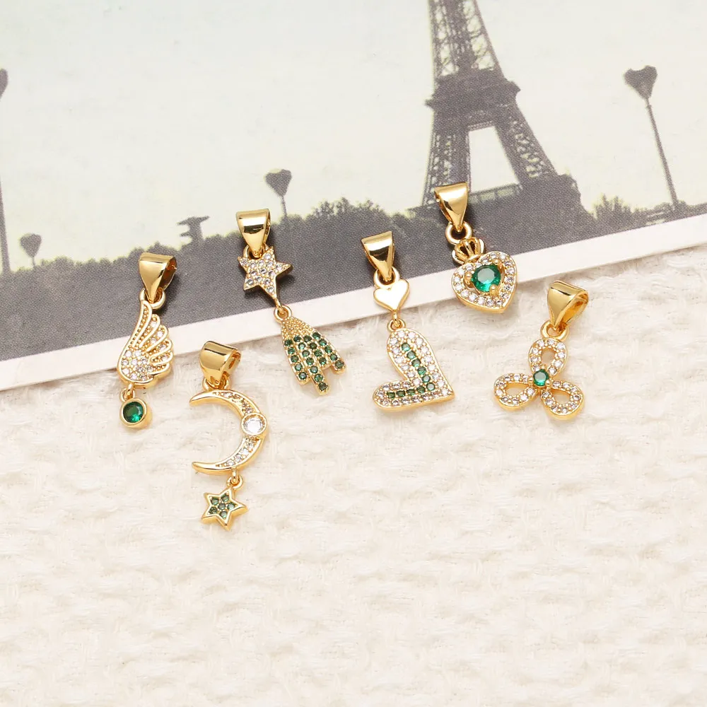 OCESRIO Green Crystal Crown Heart Charms For Bracelet Copper Gold Plated Moon Star Wings Leaves Keychain Purse Charm Chma434
