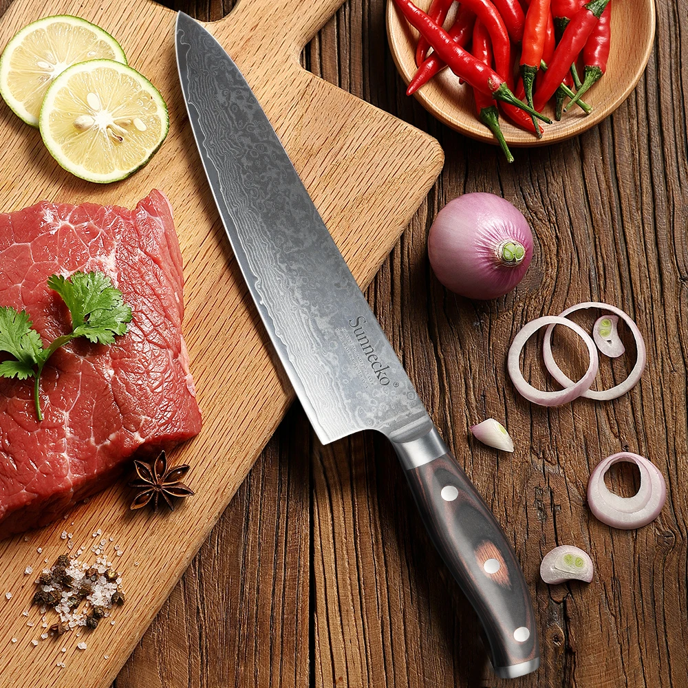 Sunnecko Damascus Chef's Knife 8 Inch Ultra Sharp VG10 Core Blade Cut Japanese Kitchen Knife Meat Cutting Knife Pakkawood Handle