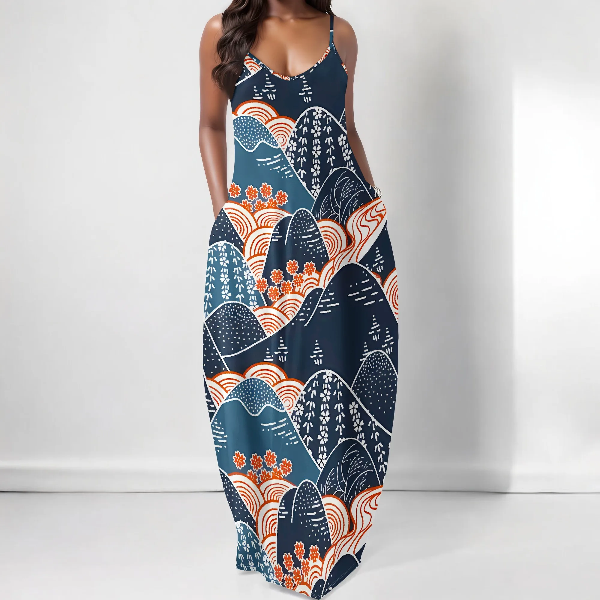 

EQQZD Elegant Spaghetti Strap Maxi Dress, Stylish Sleeveless Round Neck Pocket Dress with Romantic Art Pattern Printed