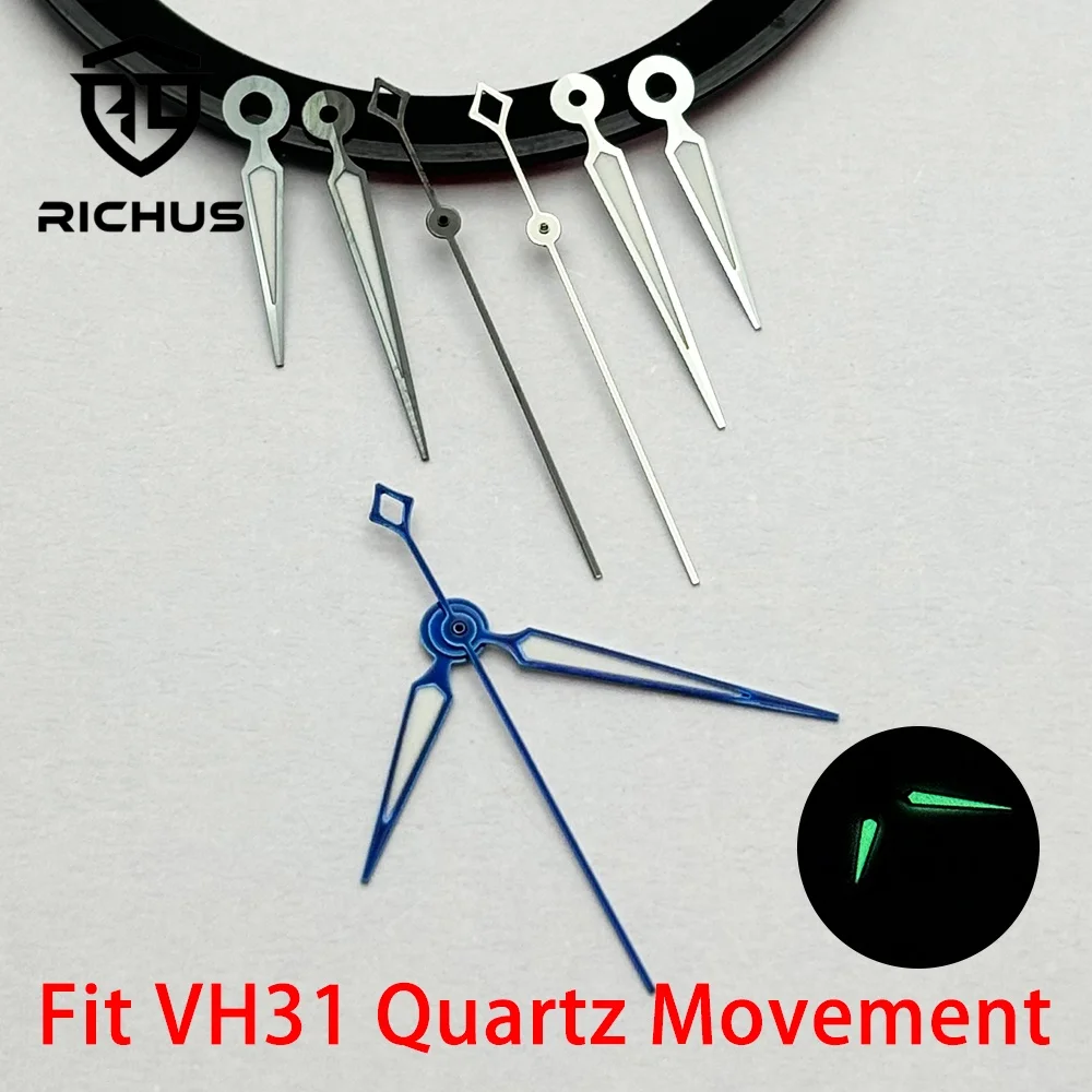 Juego de Manecillas para Reloj RICHUS VH31, Color Azul Plateado, Luminosas, Tipo Espada, Compatibles con Movimiento de Cuarzo VH31, Accesorios para Relojería