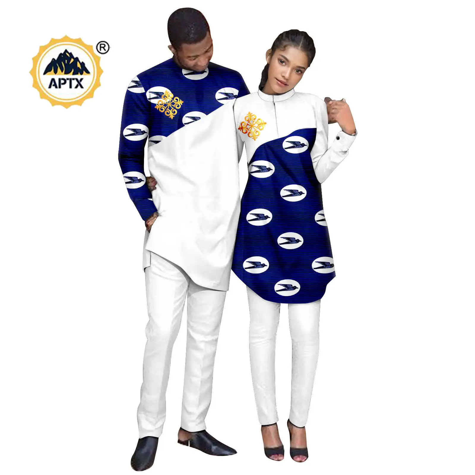 African Couple Matching Clothes Women Print Appliques Top and Pant Dashiki Men Outfits 2 Pieces Sets Bazin Riche Wedding 24C079