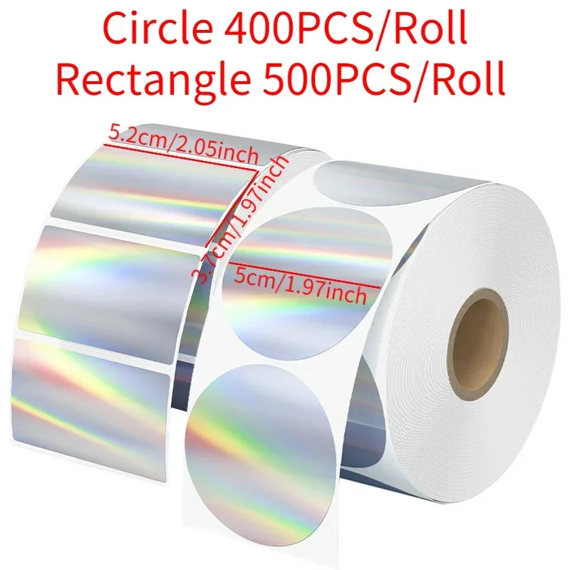 Holographic Thermal Sticker, Laser Silvery Label Sticker, Circle 400pcs/roll and Rectangle 500pcs/roll Printable Self-Adhesive