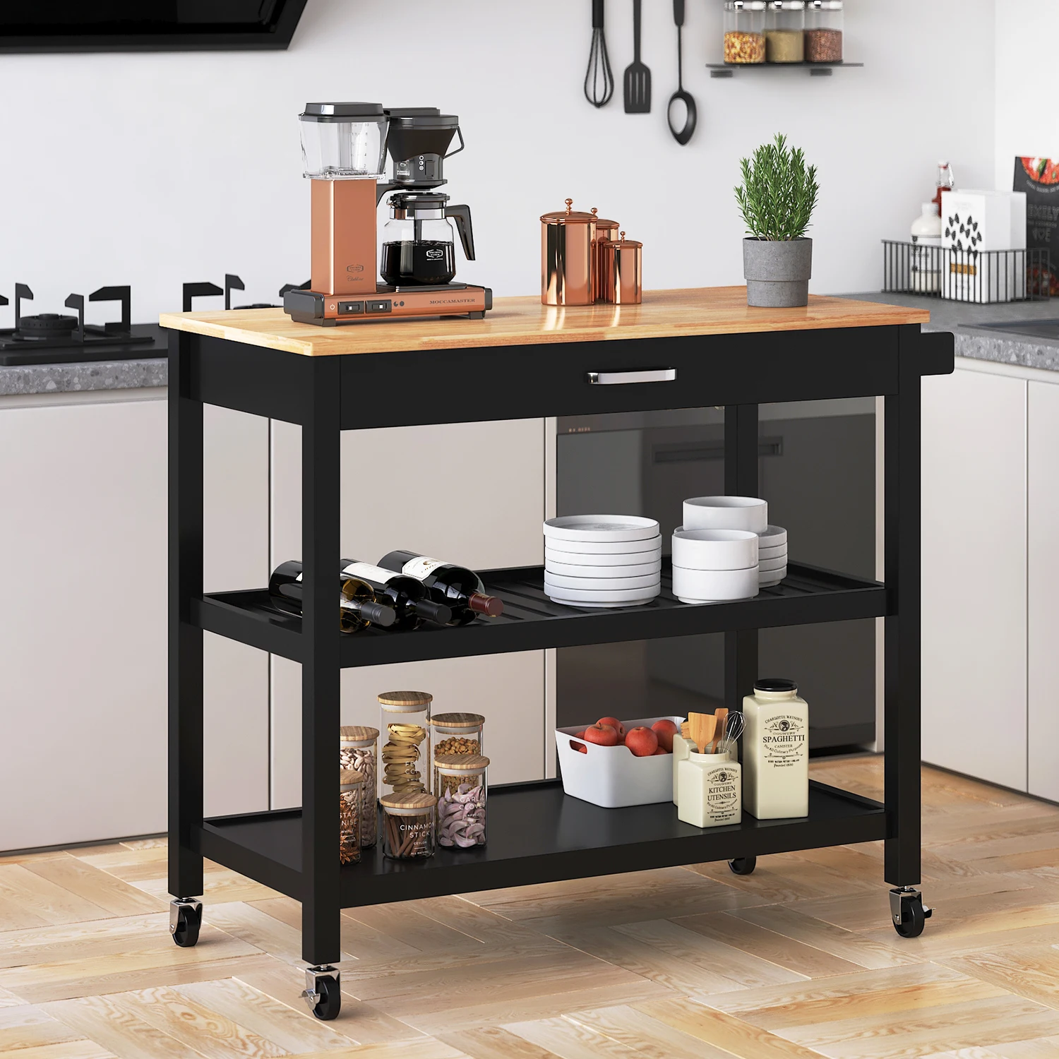 

Kitchen Island Carts on Wheels w/Rubberwood Top, Mobile Rolling Cart with Storage Drawer & Shelves, Kitchen Islands Table, Black