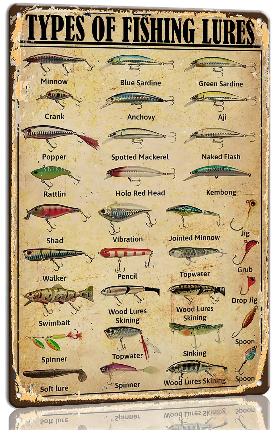 Fishing Sign Types of Fishing Lures Metal Sign Knowledge Poster for Bar Garage Vintage 12x8 in Tin Sign Fishing Lover Gifts for