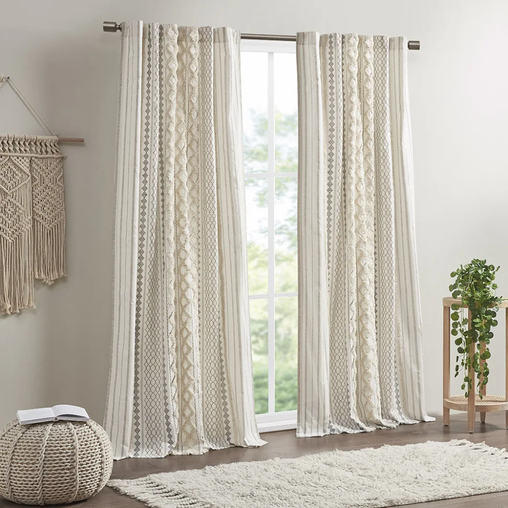 

Cotton Printed Curtain Panel with Chenille Stripe and Lining Ivory 50x95"