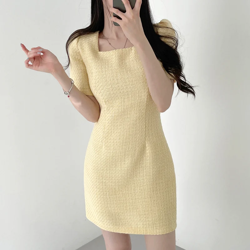 

French Chic Summer Tweed Sweet Mini Dress Women Small Fragrant Korea Vintage Party Short Sleeves One Piece Short White Dresses