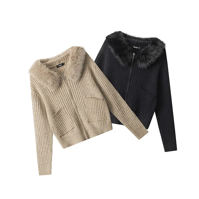 

Черная куртка из искусственного меха на молнии, вязаная однотонная меховая куртка с капюшоном, пушистая с лисьим воротником, тонкое стильное женское плюшевое пальто, теплое, толстое