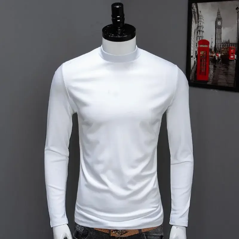 Men\'s Turtleneck Tops Casual Full Long Sleeve Solid Black Stretch Base Layer for Autumn Winter Stretch Kpop Designer T Shirt Men