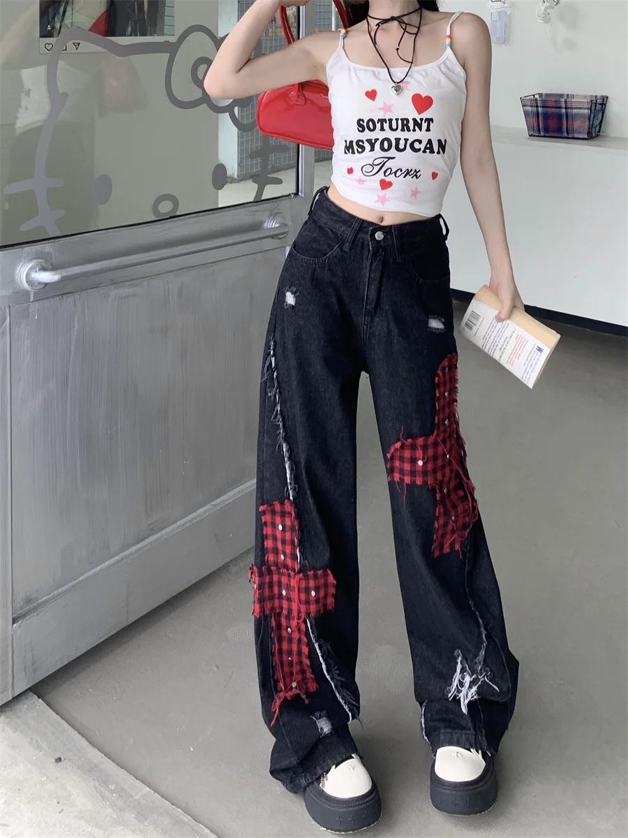 

Slergiri New harajuku raw trim ripped jeans women y2k street punk rock hip hop trousers high waist baggy straight wide leg pants