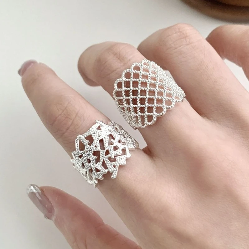 

925 Sterling Silver Geometric Charming Wide Edge Mesh Hollow Irregular Ring for Women Fine Jewelry Minimalist Accessories