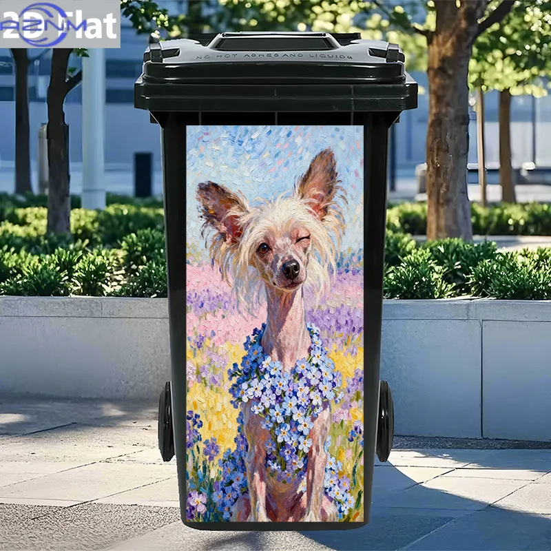 1pc Fluffy Chinese Crested Dog in Flower Field, Waterproof PVC Adhesive Trash Bin Sticker, Wall Art, Home Decor DIY Mural, x