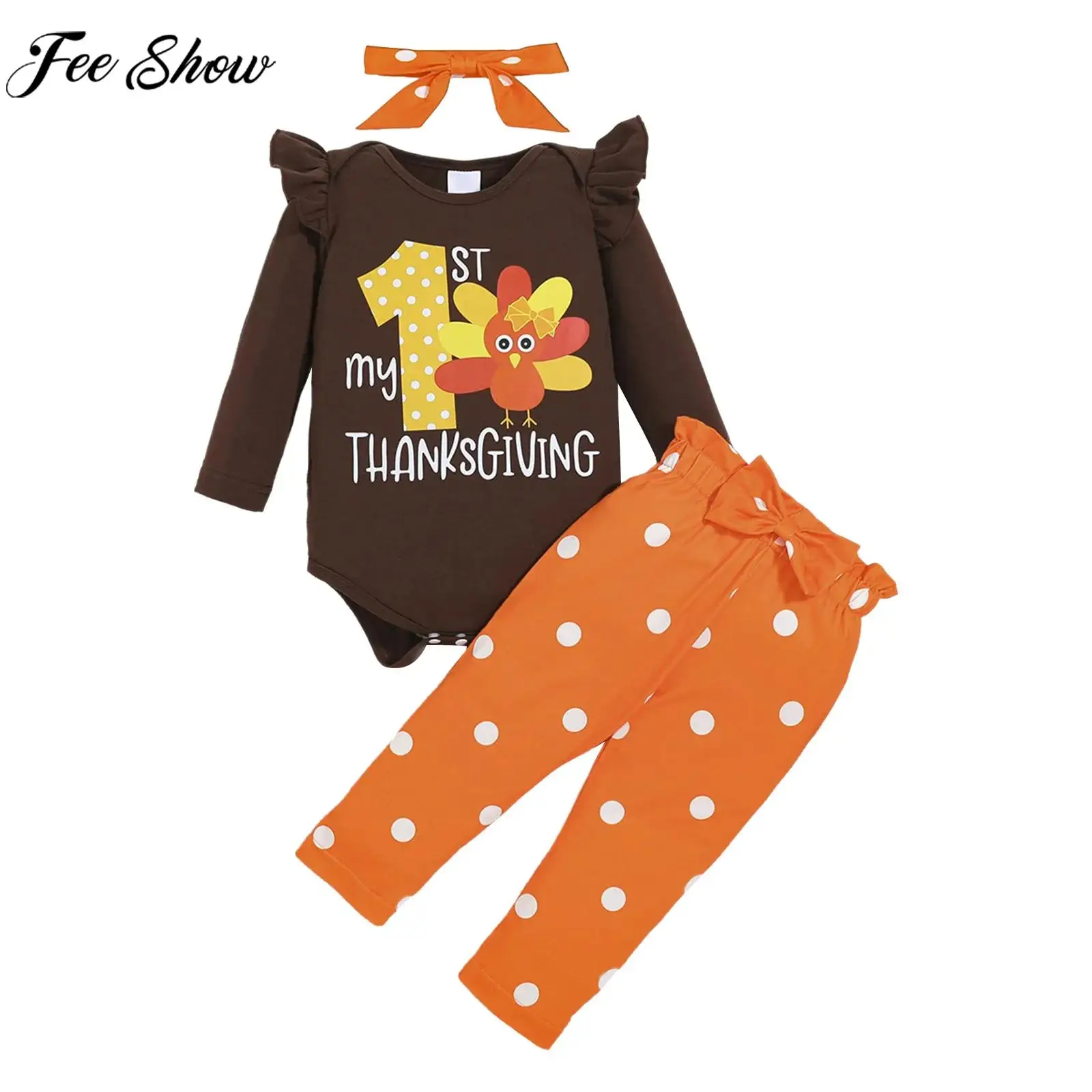 

Костюм для первого дня рождения для маленьких девочек, наряд для фотосессии на День Благодарения, комбинезон с длинными рукавами и буквенным принтом, штаны с бантом, повязка на голову