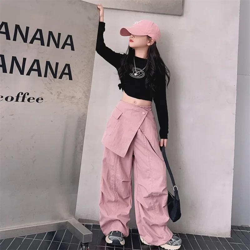 Girls Pant 2024 Autumn New Sweet Cool Fart Curtain Work Pants Children High Waist Wide Leg Pants Black Long Sleeved Top