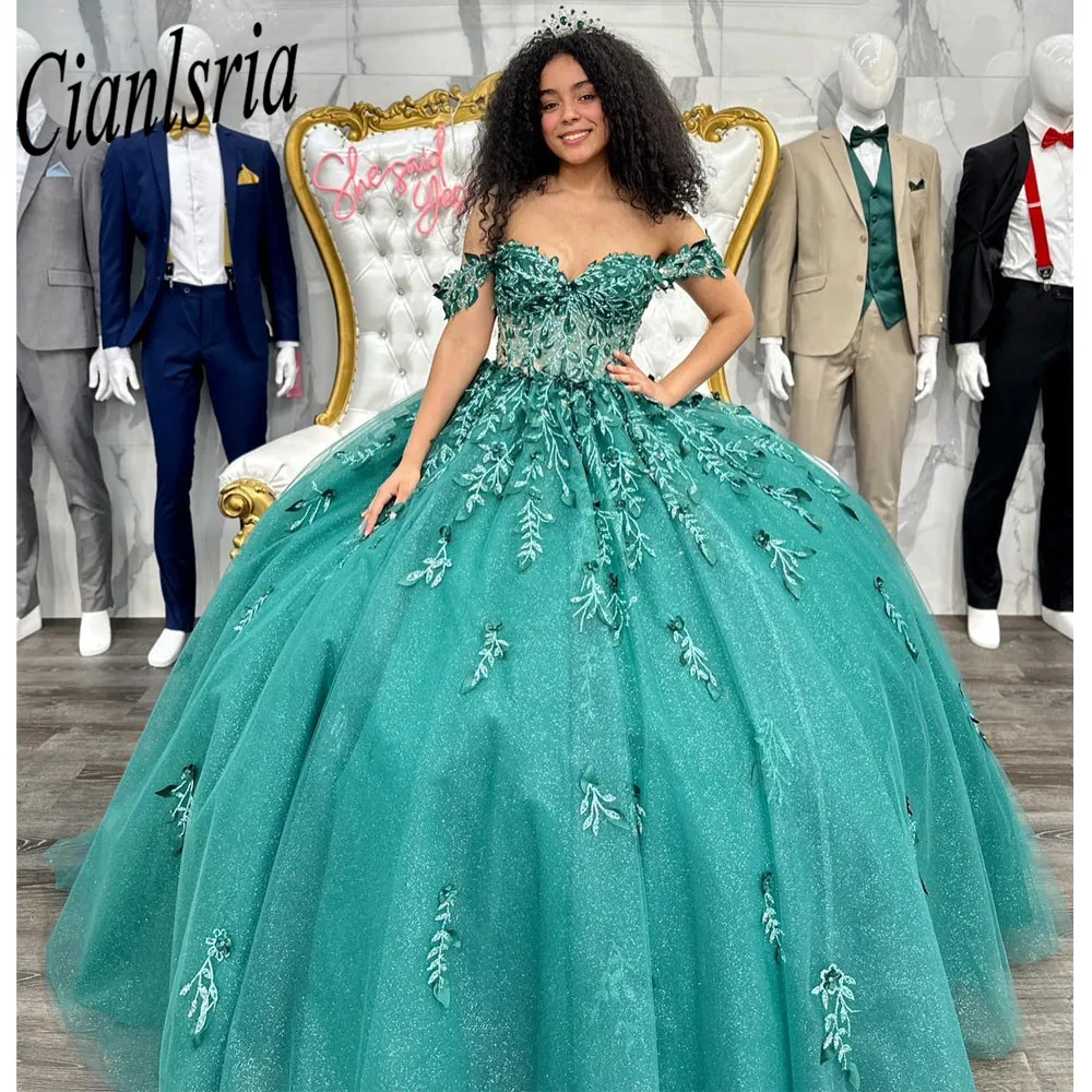 Verde Brilhante Quinceanera Vestido 2023 Ball Gown mangas 3D Flores Corset Vestido De 15 Anos