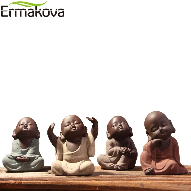 ERMAKOVA 1 Pc Cute Little Monk Figurine Buddha Statue Tea Pet Oriental Culture Ornaments Purple Clay Crafts Gift Home Desk Decor