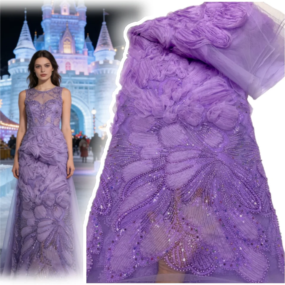 3D 패션 아프리카 비즈 레이스 원단 5야드 피치 프렌치 스팽글 자수 메쉬 레이스 원단 여성 웨딩 파티 드레스 1981