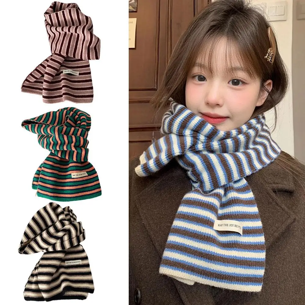 

Winter Windproof Neck Warmer Polyester Cashmere Imitation Stripe Thickened Woolen Knit Scarves Unisex Couple Cold-proof Shawl