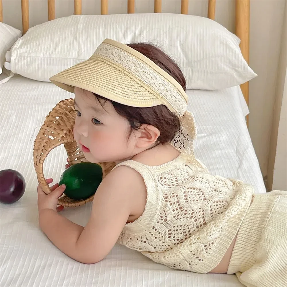 

Trendy Summer Baby Straw Caps Korean Beach Bow Lace Straw Hat Wide Brim Empty Top Children Sun Hat Travel