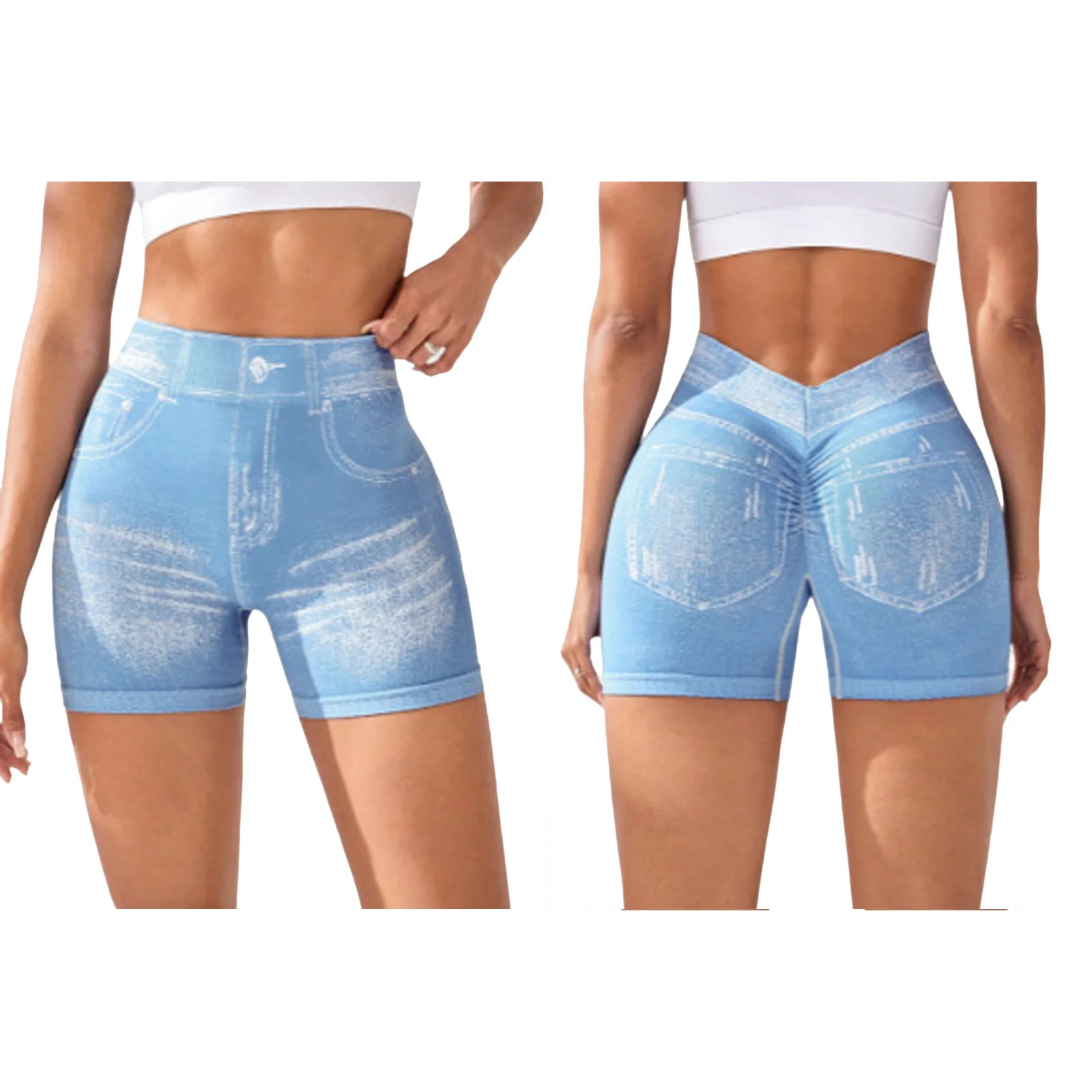 Pantaloncini da yoga elasticizzati senza cuciture stampati in denim da donna Cintura elastica Pantaloncini posteriori con volant alla moda per pantaloncini da ciclismo sportivi da corsa