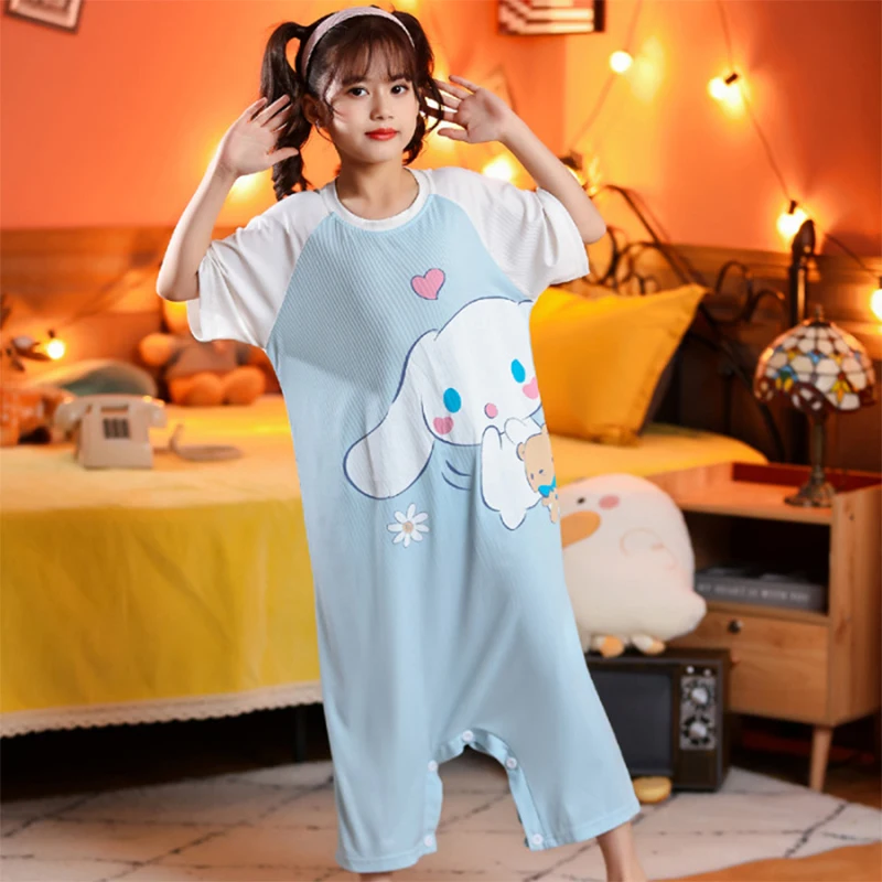 Kawaii Sanrioed Summer childrens pajamas Cute cartoon HelloKittyed My Melody Cinnamoroll Girls one piece princess dress pajamas