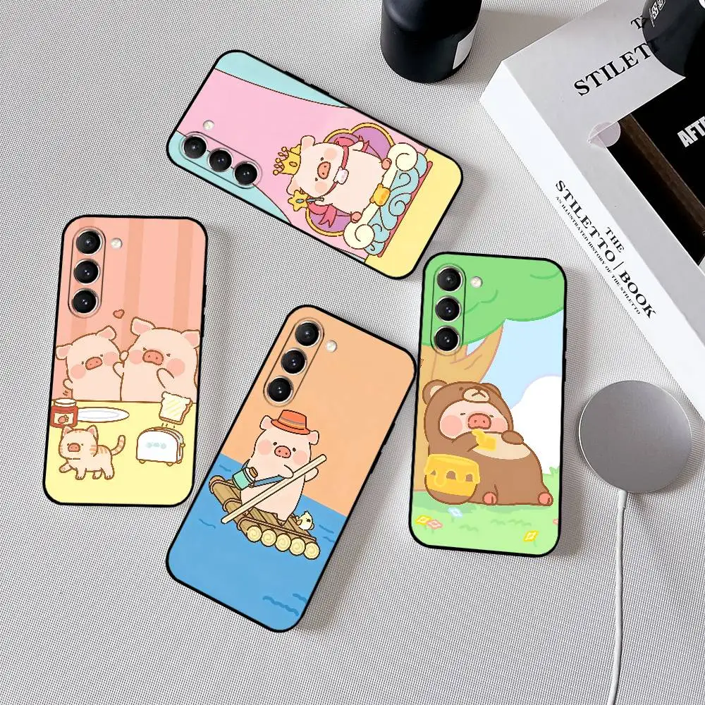حافظة هاتف كارتون V-LuLuT Pig حافظة سوداء رفيعة للغاية مضادة للصدمات لهاتف سامسونج S24/S25/S22/S30/Note20/Lite/Ultra/5G/Plus/FE