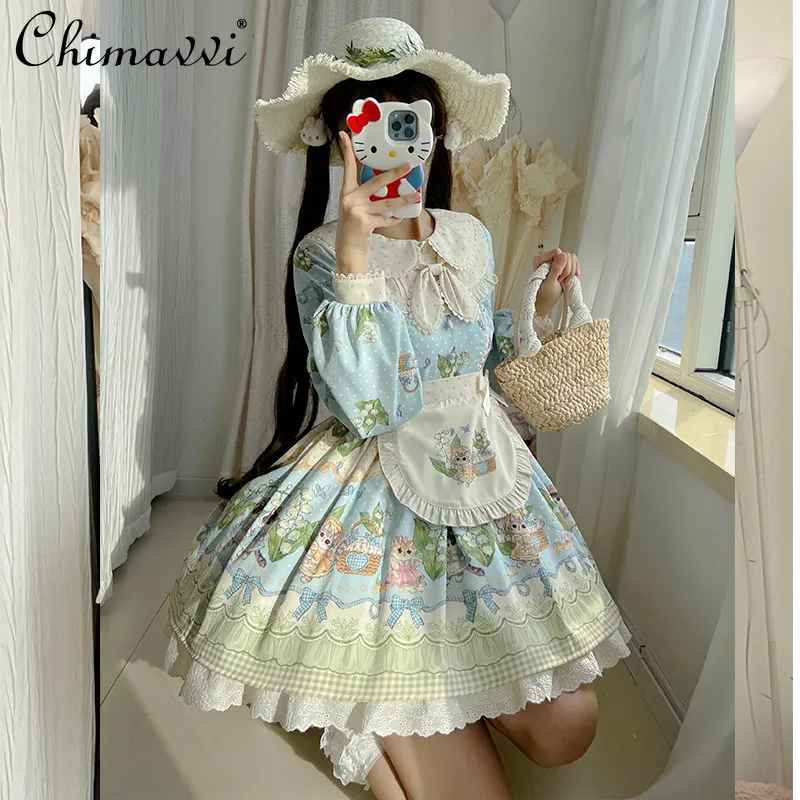 

Original Cute Lolita Style Elegant Short Dress New 2026 Spring Summer Sweet Cartoon Print Long Sleeve Short Princess Dresses