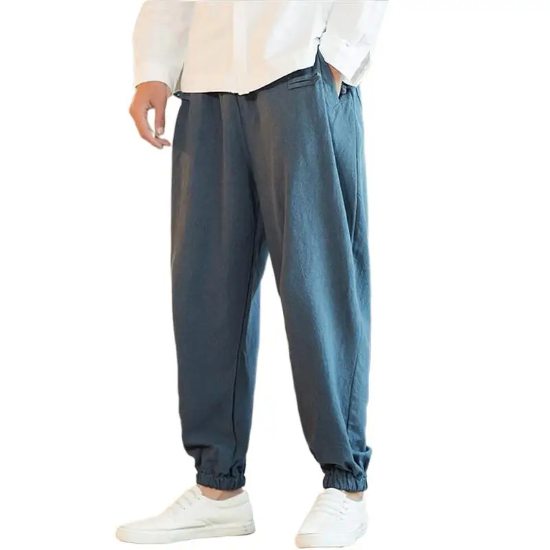 

Chinese Style Foot Straps Pants Fashion Men Vintage Solid Wide Leg Trousers Plus Size Drawstring Waist Male Pants M-7XL