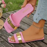 Sandales plates légères pour femmes, chaussures décontractées à décorations métalliques, modèle 2026, à bout carré, avec chaîne, tongs de plage pour femmes. 6