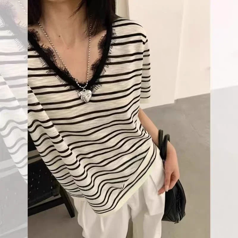 Women Clothing Summer Korean Fashion Loose Striped Color Blocking Lace Patchwork Female Lazy Wind Appear Thin Short Sleeve Tops
