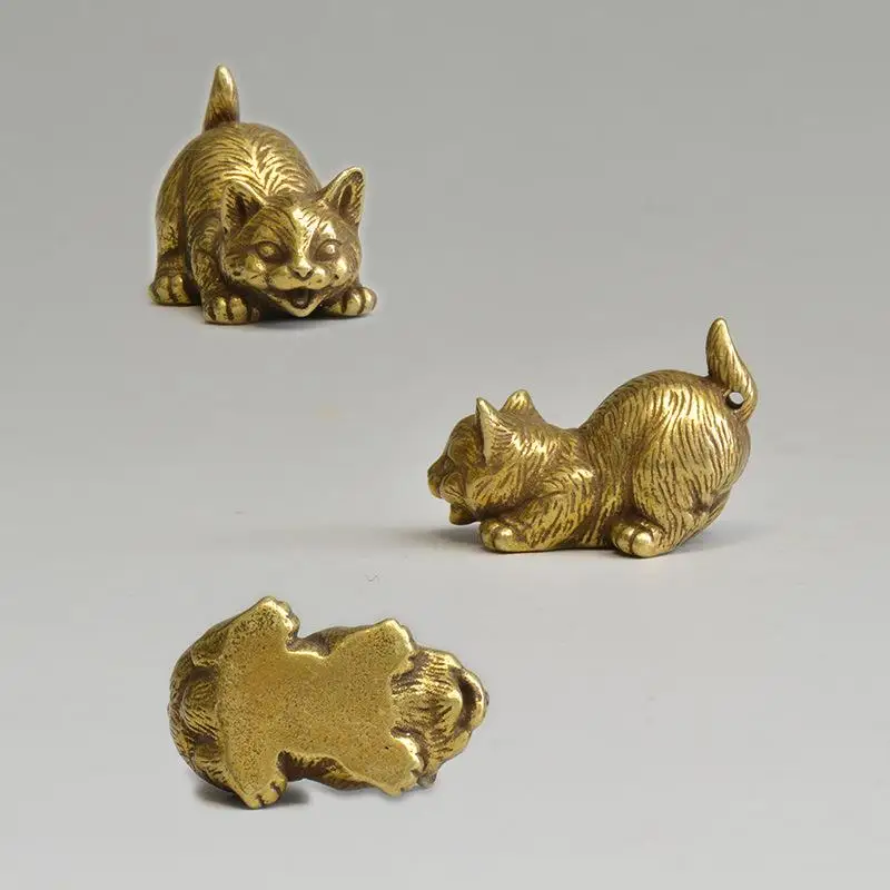 4 Styles Available Brass Cute Cats Figurines Miniatures Desktop Ornaments Small Animal Tea Pet Home Decor Accessories