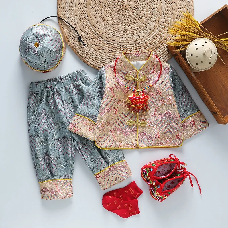 Tenue de festival de printemps pour enfants, vêtements de nouvel an pour bébé, rétro traditionnel chinois, cadeau trempé Tang, cent jours