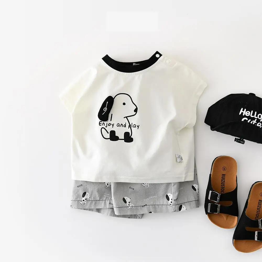 

2026 Summer New Baby Short Sleeve Clothes Set Boys Cute Dog Print T Shirts + Shorts 2pcs Suit Toddler Cotton Casual Outfits