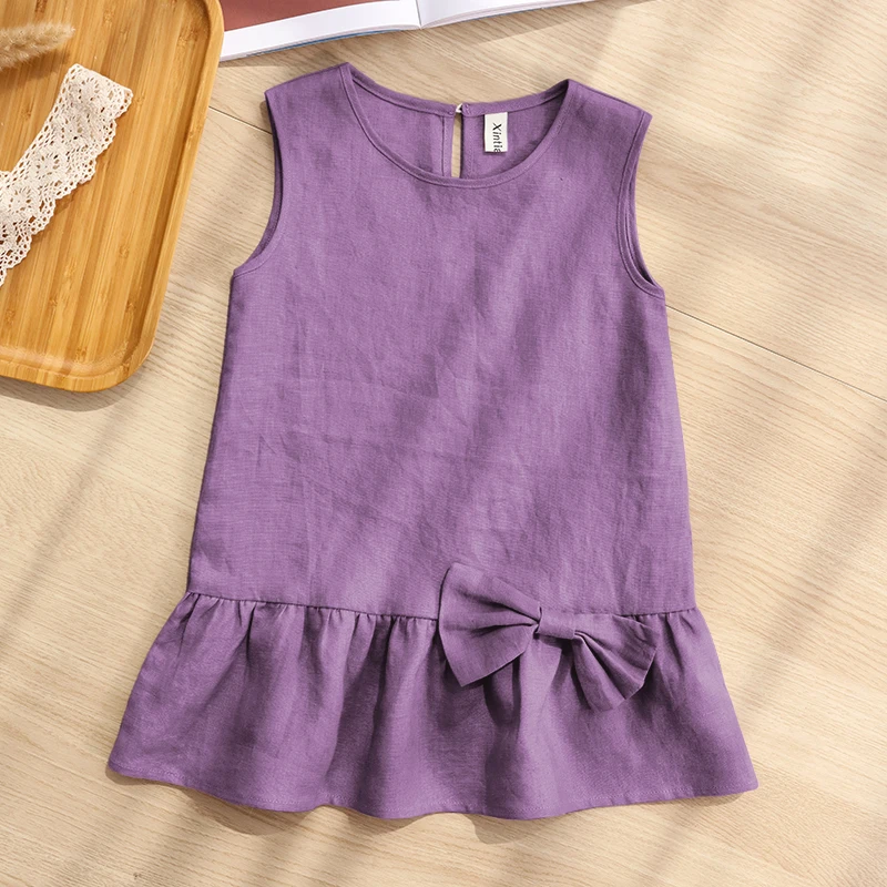 55%Linen 45%Cotton Girls Dress 2022 Summer New Children\'s Cute Bow Sleeveless O-Neck Ruffle Flowy Linen Flower Girl Dresses TZ24