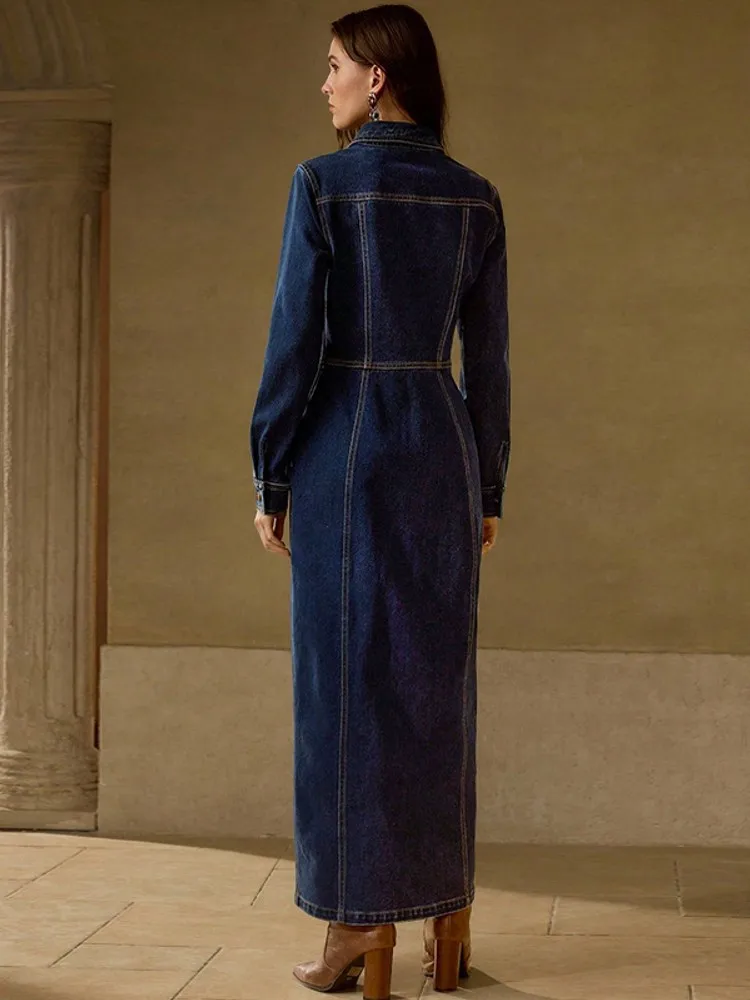 2026 ربيع الخريف موضة الدنيم فساتين الحفلات الرجعية المرأة مثير واحدة الصدر التلبيب قميص فستان عادية كم طويل بوهو فستان #5