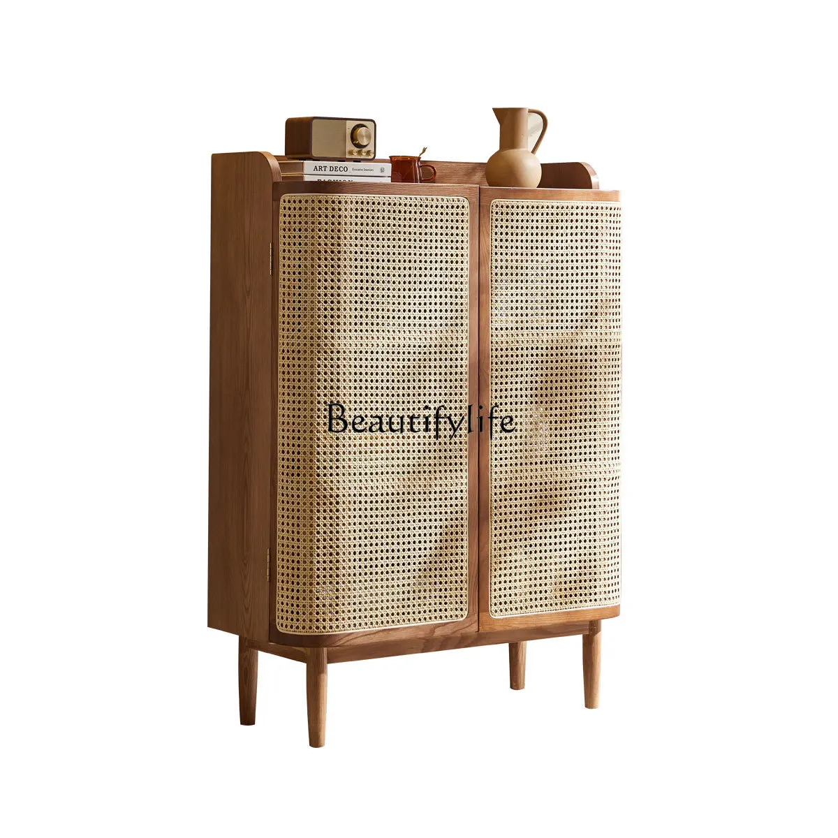 

Nordic solid wood shoe cabinet Japanese rattan storage medieval shoe cabinet home door