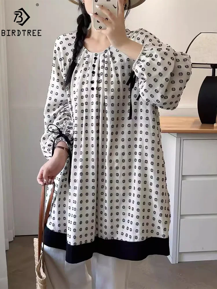 

New Summer Cotton Long Sleeve Shirt, Woman Polka Dots Sweet Long Tops, Mori Girl Bow Casual Loose Blouses, 2024 Autumn T47670QM