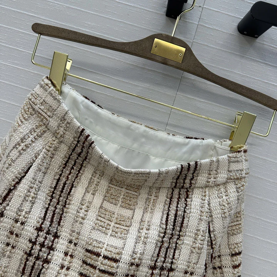 Nuovo autunno inverno vintage plaid lana tessuto di seta tweed gonne longuette donna a vita alta a pieghe moda chic gonna