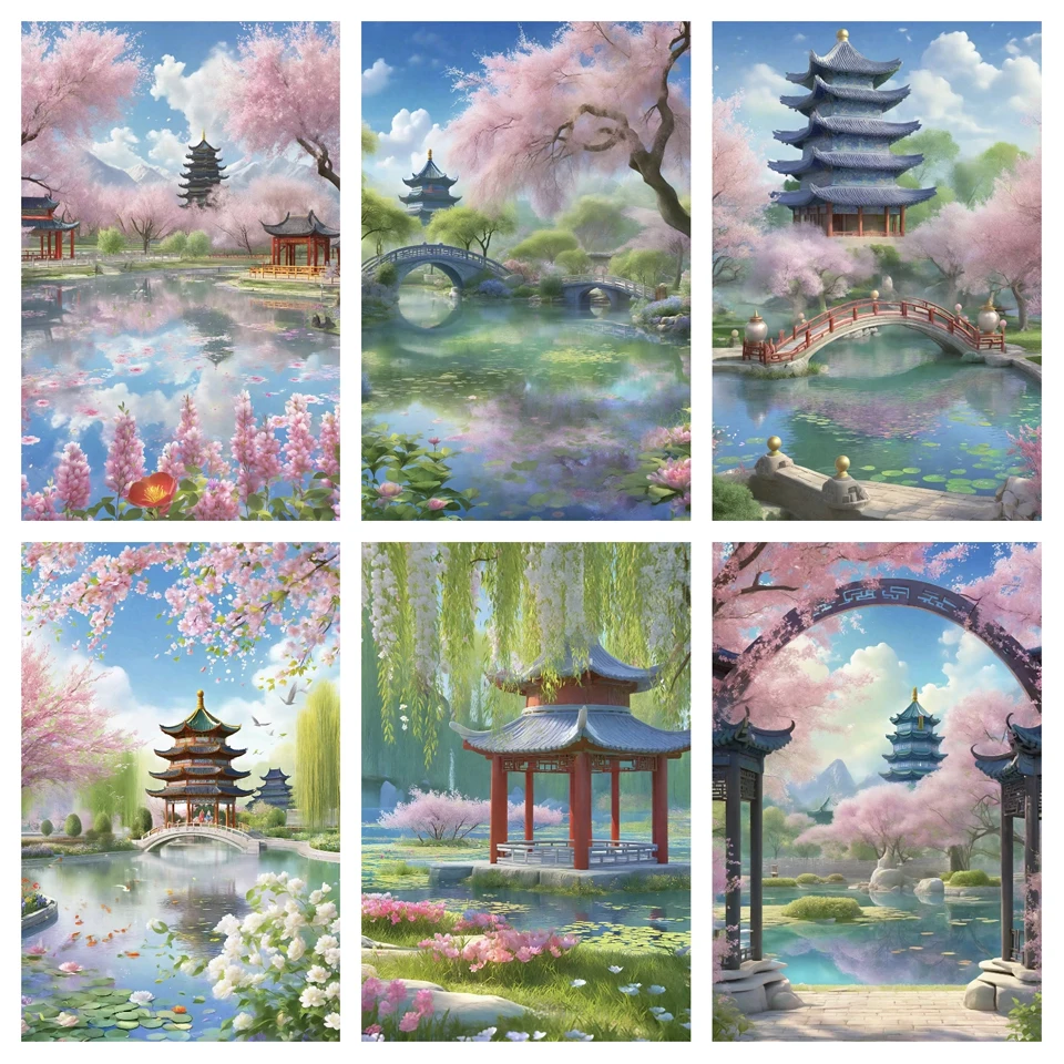 

Pink flowers Sakura Park Landscape Large 5D DIY Diamond Painting Full Drill Embroidery Cross Stitch Rhinestone Picture