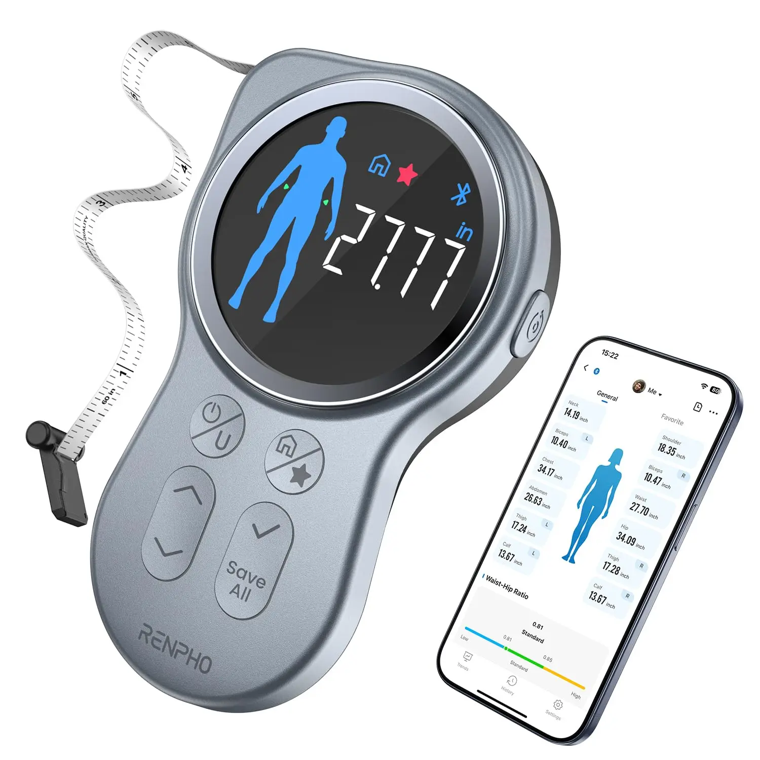 

Smart Tape Measure with Large Display, Bluetooth App for Weight Loss & Fitness Shape Tracking