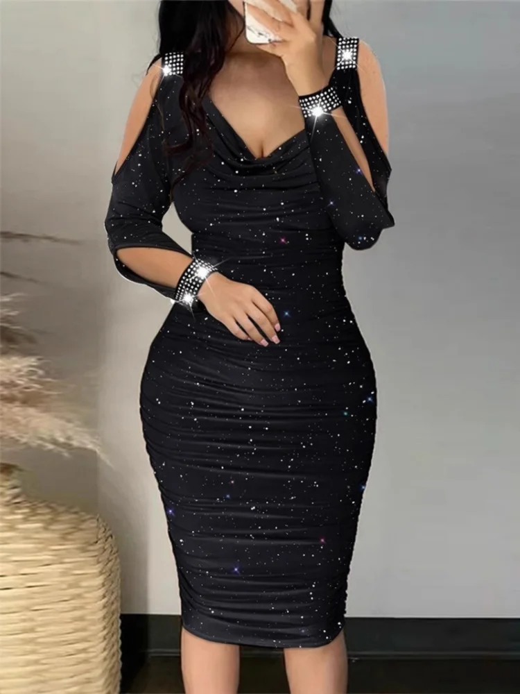 Sexy Off Shoulder Lady Dresses Fashion Solid Color Sequins Tight Mini Dresses Evening Party Slim Fit Female Clothes Plus Size