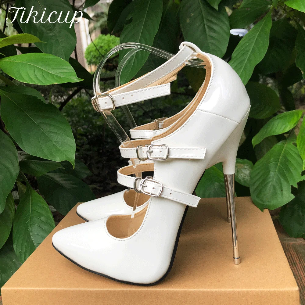 

Новые женские туфли-лодочки на очень металлическом высоком каблуке 16 см, белые сексуальные туфли-лодочки на шпильке с ремешком на щиколотке, мужская обувь унисекс в стиле фетиш-крест