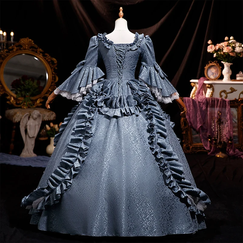 AnXin SH princess grey blue satin white lace performance sweetheart beading pearl long flare sleeve customized Prom Dresses