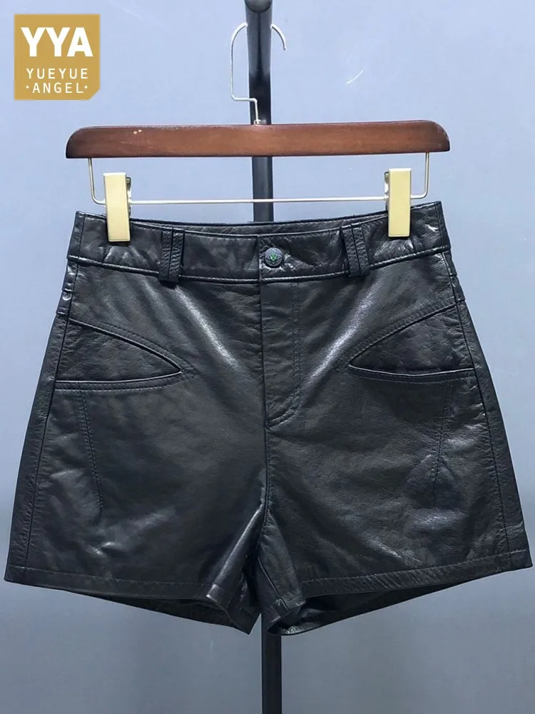 Office Leisure Ladies Solid Color Genuine Leather Shorts Loose Sheepskin Comfortable Cowhide Button Pockets Trousers 4XL